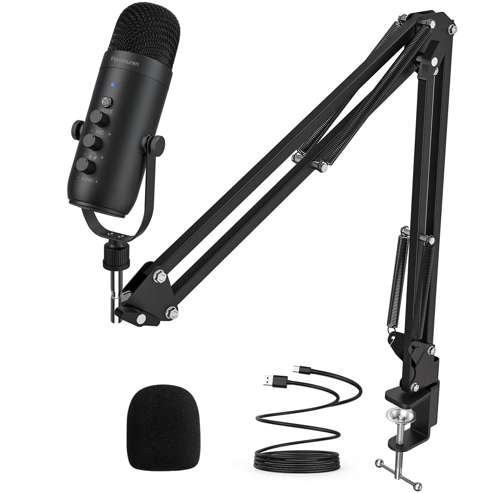 Kit Microphone USB Podcast — Bras Articulé + Filtre Anti-Pop inclus